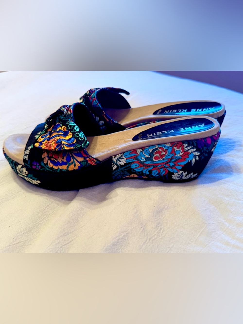 Anne Klein Black Floral Embroidered Platform Wedges